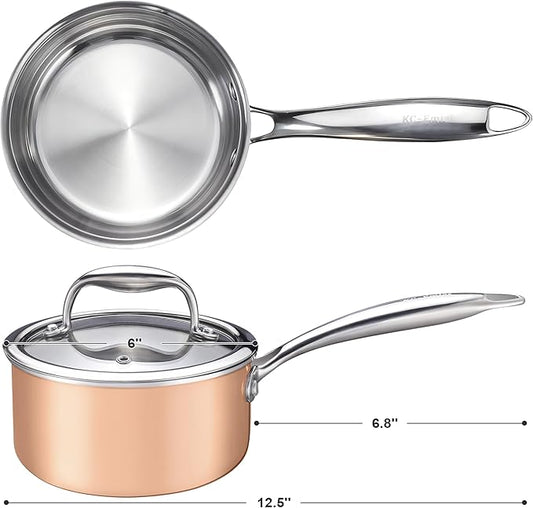 KC-Emier 1-Quart Saucepan with Lid, Tri-Ply Stainless Steel Pot with Stay-Cool Handle & All Cooktop Compatibility (Gas, Ceramic, Electric) - Copper