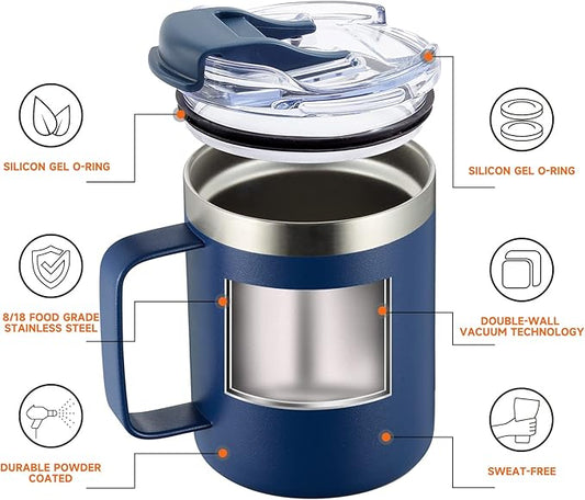 ALOUFEA 12oz Stainless Steel Insulated Coffee Mug with Handle, Double Wall Vacuum Tumbler Cup with Fliping Lid, Navy, 4 Pack