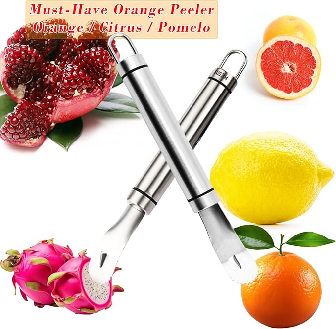2PCS Stainless Steel Orange Peeler，Grapefruit Peeler，Easy to Peel, Long Handle Orange Citrus Peeler Tool, Triangular-Blade, Zigzag,Shovel Orange Peeler Gadget(2PCS)