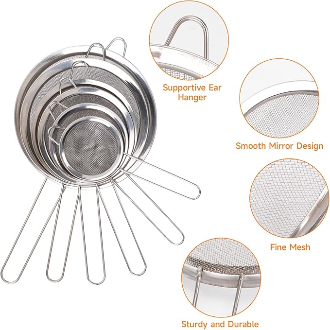 CEYAZYE 6Pcs Fine Mesh Strainers Set, Stainless Steel Colander, Sifters Sieves with Handles, Suitable for Sifting, Filtering Tea, Food, Juice, Pasta, Flour in Kitchen