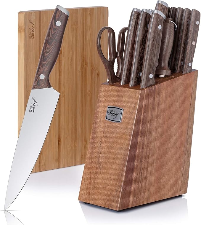 Deco Chef 16 Piece Kitchen Knife Set Stainless Steel with Wood Handles, 8" Chef, 6.5" Cleaver, 8" Bread, 8" Slicing, 4.5" Paring, 6pcs Steak Knives, Kitchen Shears, and more