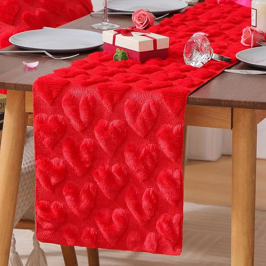 Table Runner 13x72 Inch for Valentine's Day, 3D Heart Shape Winter Holiday Decorative Farmhouse Table Decorations for Kitchen Dinning, Indoor Outdoor Dinner Party Decor (Red)