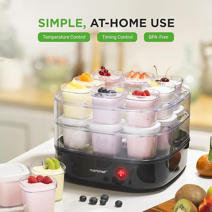 Nutrichef 17 Cup Automatic Yogurt Maker | Includes 17 - 5 oz Reusable Cups with Lids & Yogurt Rack for Instant Storage | Makes Up to 85 OZ of Yogurt | Greek Yogurt Maker | Space Saving design | Black