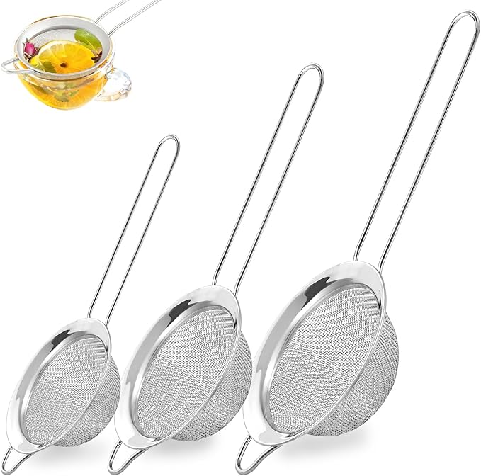 3Pcs Fine Mesh Strainer with Handle, Small Medium Large Size Sieve Strainers Set, Stainless Steel Sifter Colander for Kitchen Baking Juice Quinoa Food Flour
