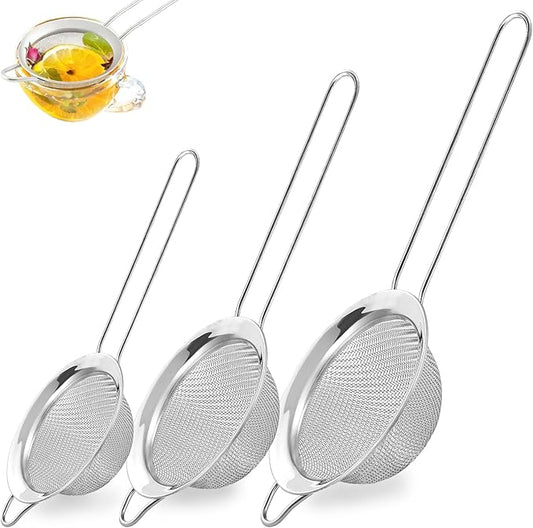 3Pcs Fine Mesh Strainer with Handle, Small Medium Large Size Sieve Strainers Set, Stainless Steel Sifter Colander for Kitchen Baking Juice Quinoa Food Flour