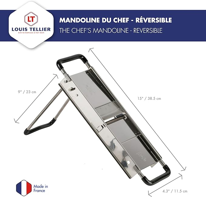 LOUIS TELLIER - Professional Chef's Mandoline - Stainless Steel - Slices Fruits and Vegetables - French Fries and Julienne - Adjustable Thickness - Made in France