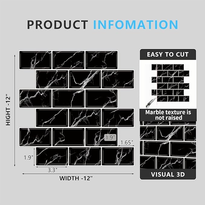 URCOLOR 10-Sheet Back Splashes for Kitchens Peel and Stick,12"x12" Self Adhesive Subway Wall Tiles Stick on backsplash Tiles for Bathroom Black Marble