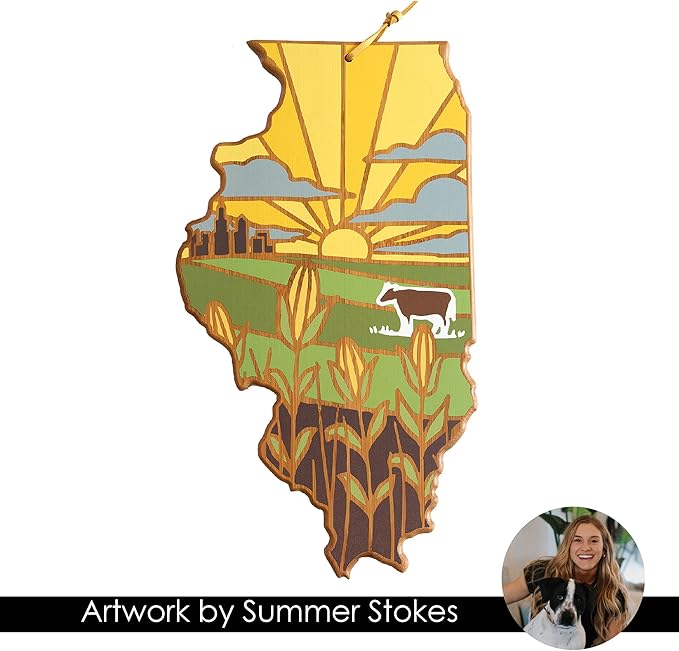 Totally Bamboo Illinois State Shaped Cutting Board and Charcuterie Serving Platter with Artwork by Summer Stokes, Includes Hang Tie for Wall Display