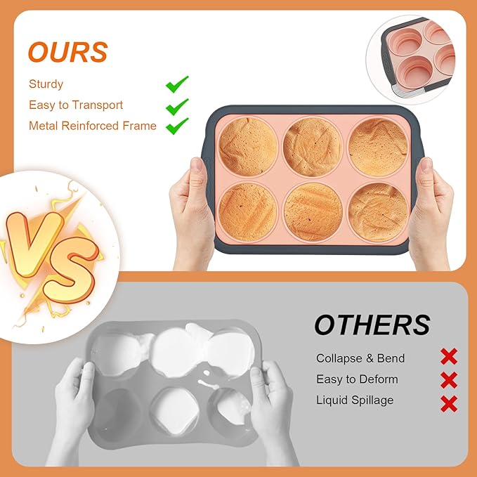 YiYeraio Silicone Muffin Pans for Baking with Metal Frame, 6 Cup Silicone Muffin Pan, Nonstick Cupcake Pan, BPA Free Muffin Tins Easy to Pop Cupcake Baking Pan Molds for Oven Dishwasher Safe Pink