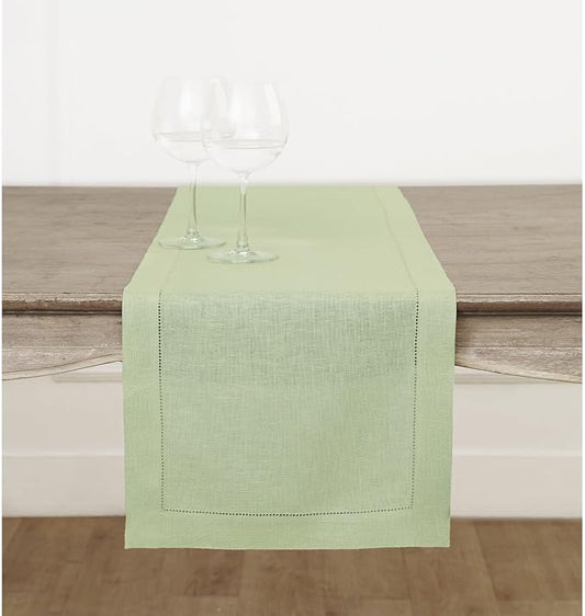 Solino Home Linen Table Runner 36 Inches - 100% Pure Linen Sage Green Table Runner 14 x 36 Inch Ideal for Dresser and Coffee Tables - Winter, Spring, Easter, St Patricks Day - Classic Hemstitch
