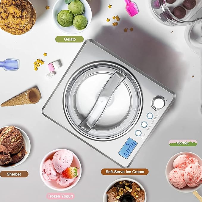Homtone 2.64 QT Ice Cream Maker, No pre-Freezing & Large Capacity Automatic Ice Cream Machine with Compressor, Easy Operate & Clean, Keep Cooling for 2H, All Stainless Steel, LCD Digital Display