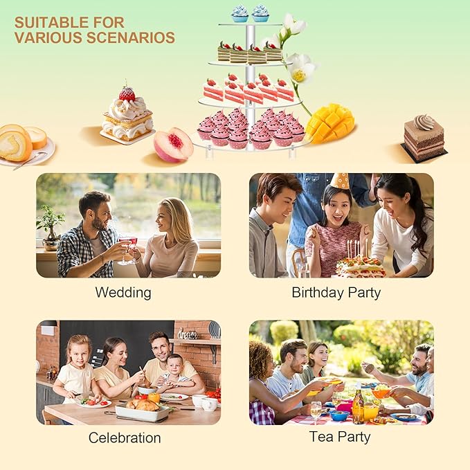 Jusalpha Large 4 Tier Cupcake Stand,Acrylic Round Cake Stand Dessert Tower Tea Party Serving Platter, Cupcake Tree Wedding Party Décor, Stand with Rod Feet (4RF)