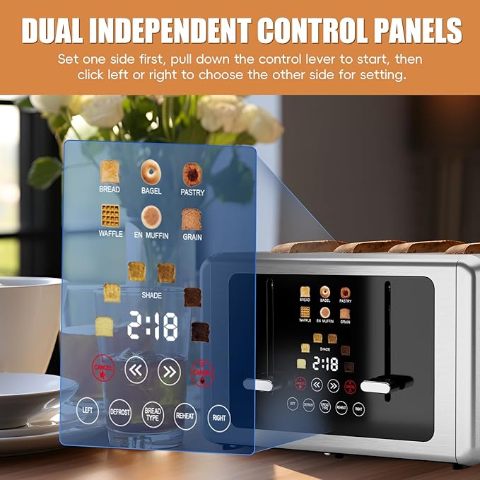 WUNLY Touch screen Toaster 4 slice,Stainless Steel Digital Timer Toasters with Sound/Screen-Off Function,6 Bread Types & Shade Settings,Smart 1.5 Wide Slots Toaster with Bagel,Defrost,Stainless Steel