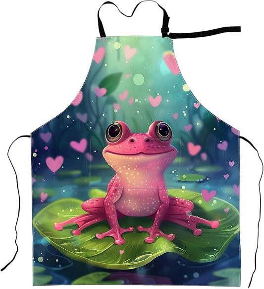 Frog Apron Cute Fantasy with Pink Toad and Hearts Aprons Waterproof Oxford Polyester Adjustable Pockets Design for Cooking, Crafting, Garden Decor, for Adults, 28x33 Inch