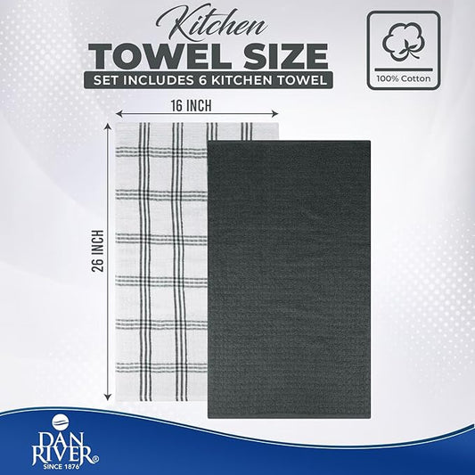 DAN RIVER Premium Kitchen Towels - [Pack of 6] 100% Cotton (16x 26 Inches) -Super Soft,Highly Absorbent, Quick Dry, Dish Towels for Kitchen Towels - Grey