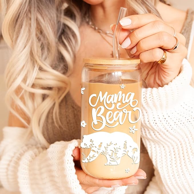 Gifts for Mom - Mama Bear 16 Oz Iced Coffee Cup with Lid and Straw Mom Glass Tumbler Mothers Day Travel Mugs Birthday Valentine Anniversary Christmas Thank You Gift for Women Mum Wife Coworkers