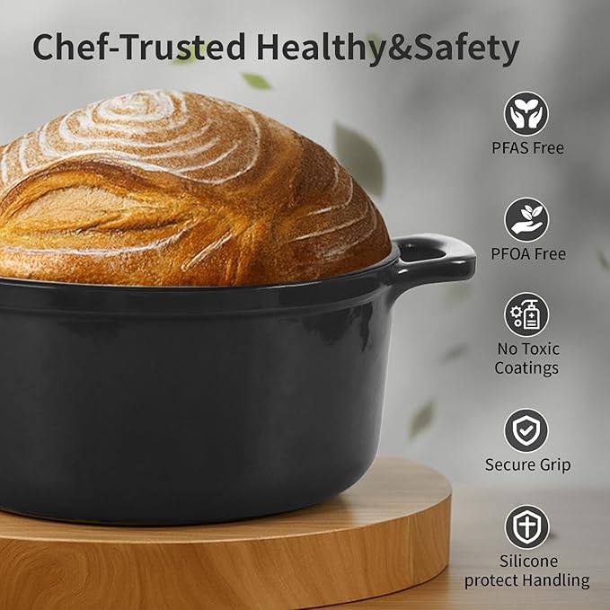 Tastedeli Enamel Cast Iron Dutch Oven with Lid, Round Casserole Pot for Bread Baking, Braising, Roasting, and Stews, Heavy-Duty, Oven Safe, Induction Compatible (4.7QT,Grey)