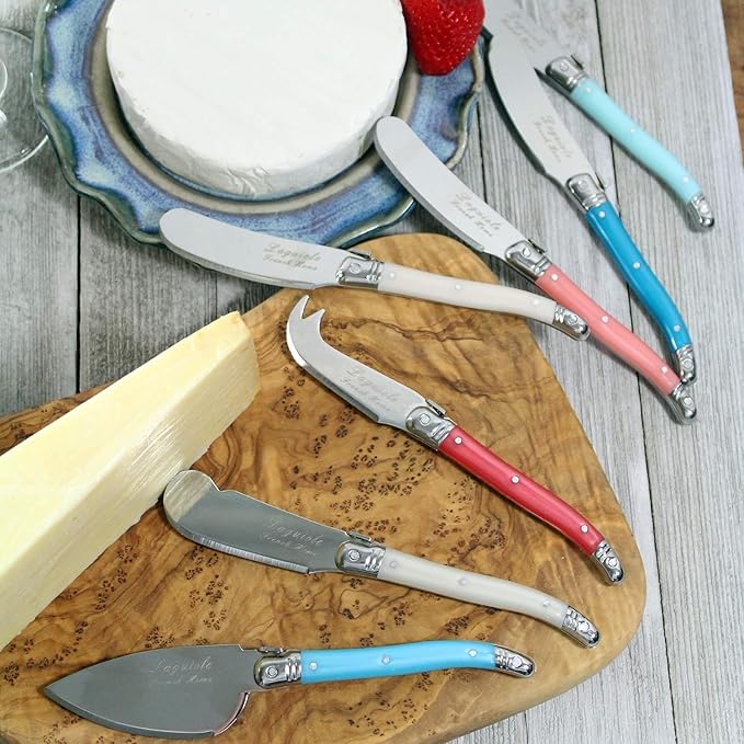 French Home Laguiole 7-Piece Cheese Knife Set - Includes Stainless Steel Spade, Spear Knife, Soft Cheese Knife & 4 Spreaders with Three-Rivet Curved Coral & Turquoise Handle and Bee Emblem
