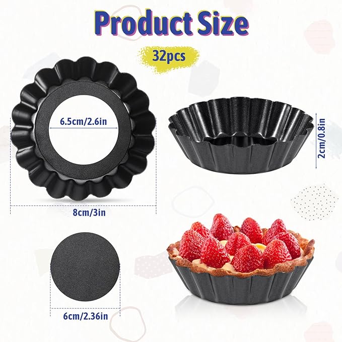 32 Pcs Mini Tart Pans with Removable Bottom, 3 Inch Round Nonstick Quiche Pan Small Quiche Pans Bakeware Mold Fluted Side for Pies Quiche Cheese Cakes Desserts