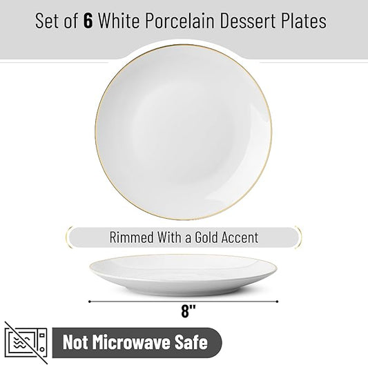 BTaT- White Dessert Plates with Gold Rim, Set of 6, 8" Round, Porcelain, Elegant Style, Dinner Plates