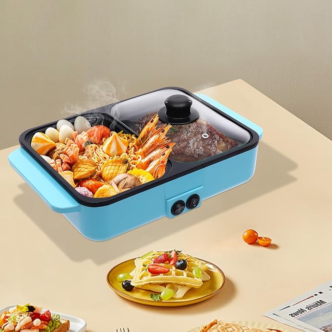 110V 1200W Small Electric Hot Pot Barbecue Grill, 2 in 1 Indoor Non-Stick Electric Hot Pot and Frying Pan, Blue Portable Electric BBQ Grill for Indoor Party Family Gatherings, 11.4*8.7*4.3inch (Blue)