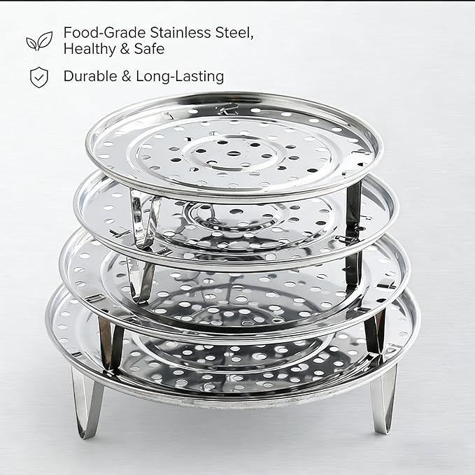 Round Stainless Steel Steamer Rack, 7.6" 8.5" 9.33" 10.23" Inch Steaming Rack, Removable Stands, for steamer, Stock Pot, Pressure Cooker, Cooking, baking bread, vegetable salad (5 Pcs)