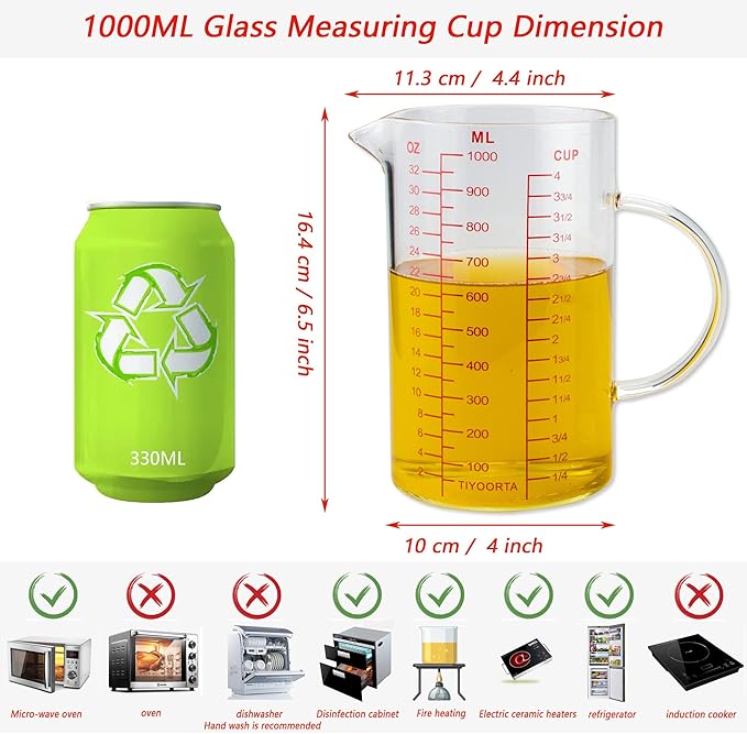 Glass Measuring Cup with Handle, Three Scales (OZ, Cup, ML), V-Shaped Spout, Measuring Beaker for Kitchen or Restaurant, Easy to Read, by TIYOORTA (1000ML RED)