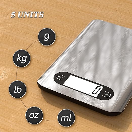 Qzzhizao Digital Kitchen Scale, 17 Pounds Capacity Food Scale with LCD Display, Weight Grams and Ounces for Cooking and Baking, Stainless Steel Platform, Anti-Splash