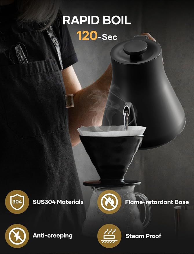 INTASTING Electric Kettle, Gooseneck Electric Kettle, ±1℉ Temperature Control, Stainless Steel Inner, Quick Heating, for Pour Over Coffee, Brew Tea, Boil Hot Water, 1500W/0.9L Dark Gray