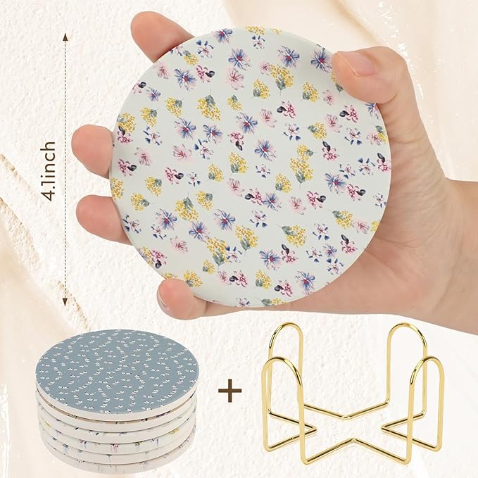 Coasters for Drinks Set of 6 with Holder, Absorbent Ceramic Stone, Spring Floral Coffee Table Décor, Decorative Cup Coasters for Kitchen, Living Room, Farmhouse & Garden, Tea Table Accessories