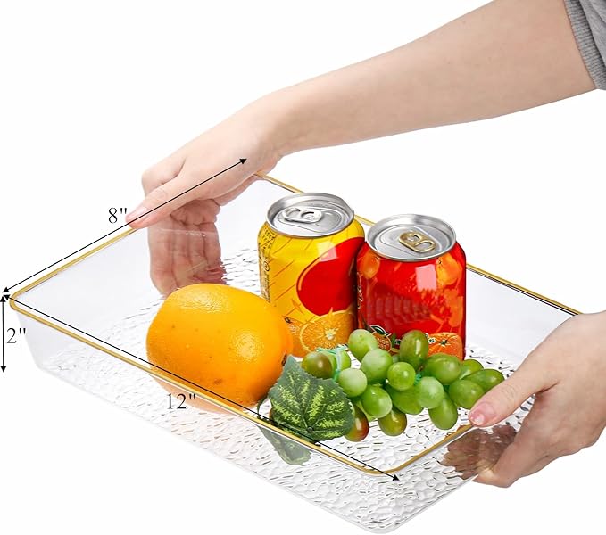4 Pack Clear Serving Trays, Deep Serving Platters Rectangle 12'' x 8'', Decorative Tray with Gold Rim, Reusable Plastic Tray Organizer for Coffee Table Pantry Party Food Display Spill Proof