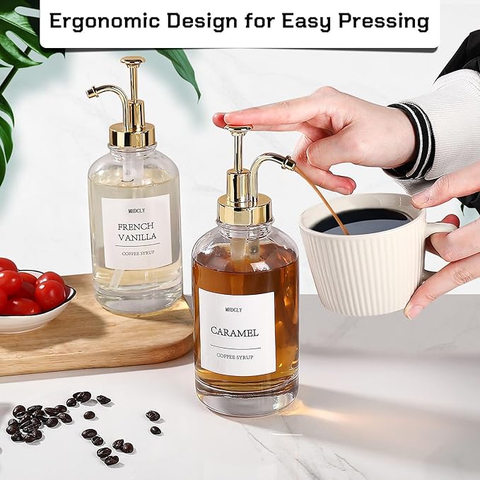 Coffee Bar Accessories, Coffee Syrup Dispenser - 4pack,16.9oz Syrup Dispenser with Labels,Syrup Pump Dispenser for Coffee Bar(Gold Pump)