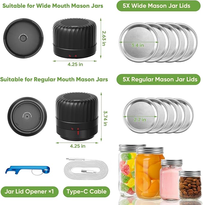 Electric Mason jar Vacuum Sealer Kit for Wide-Mouth & Regular-Mouth Mason Jars, Canning Vacuum Sealer Mason Jar for Food Storage, Includes Lids, Opener, Charger