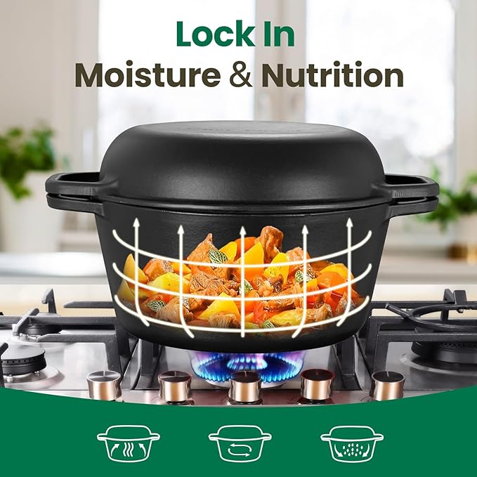 Chef Power 2-in-1 Cast Iron Dutch Oven with Skillet Lid, 5QT Camping Dutch Oven Pot with Lid for Bread, Frying, Baking, Roasting, Cooking, BBQ – Versatile Cast Iron Cookware