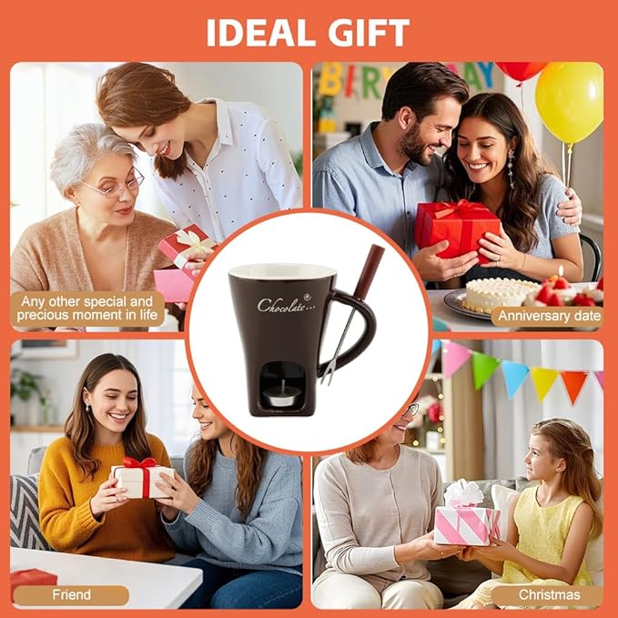 Chocolate Fondue Mugs, Chocolate Melting Cup Set with Forks Candle Warmer, Mini Ceramic Coffee Warmer Mug, Fondue Cups With Forks For Date Night Birthday Wedding Gifts(Black)