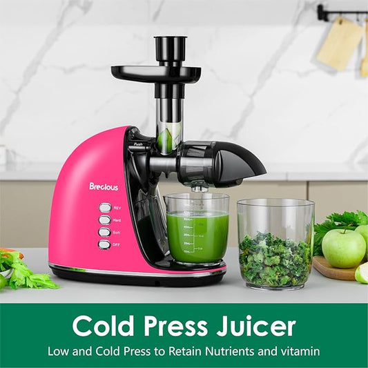 Slow Masticating Juicer,Brecious Cold Press Juicers with 2 Speed Modes & Quiet Motor,Juicers Machines Vegetable and Fruit with Reverse Function,Celery Juicer,BPA-Free,Easy to Clean (Pink)