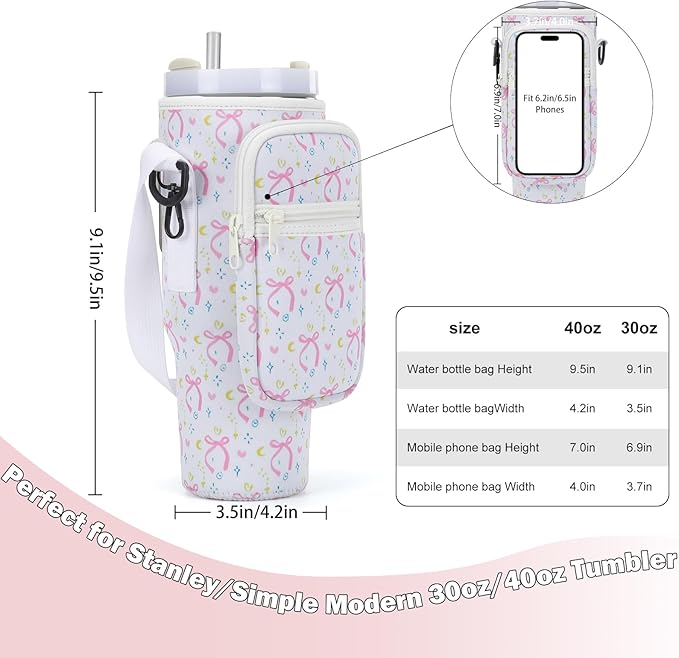 Water Bottle Carrier Bag for Stanley 40/30 oz Tumbler with Phone Pocket Neoprene Water Bottle Holder with Shoulder & Handheld Strap Stanley Cup Accessories