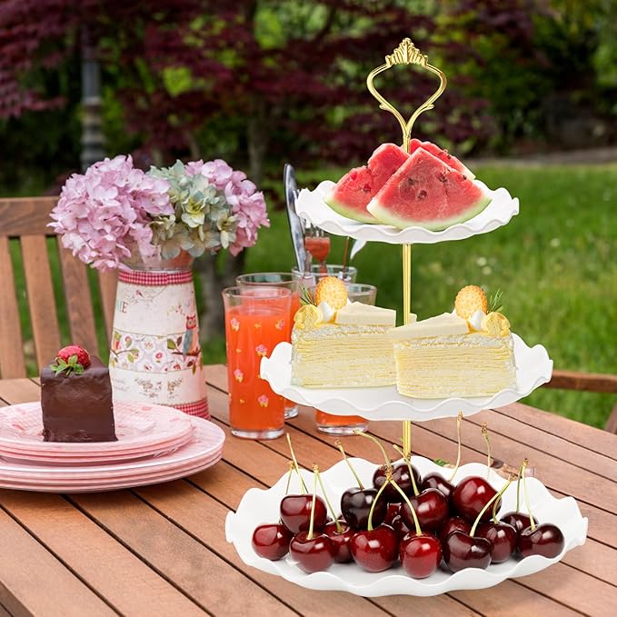Coitak 3 Tier Cupcake Stand, Plastic Tiered Serving Stand, Dessert Tower Tray for Tea Party, Birthday and Wedding (Wavy-metal rod)