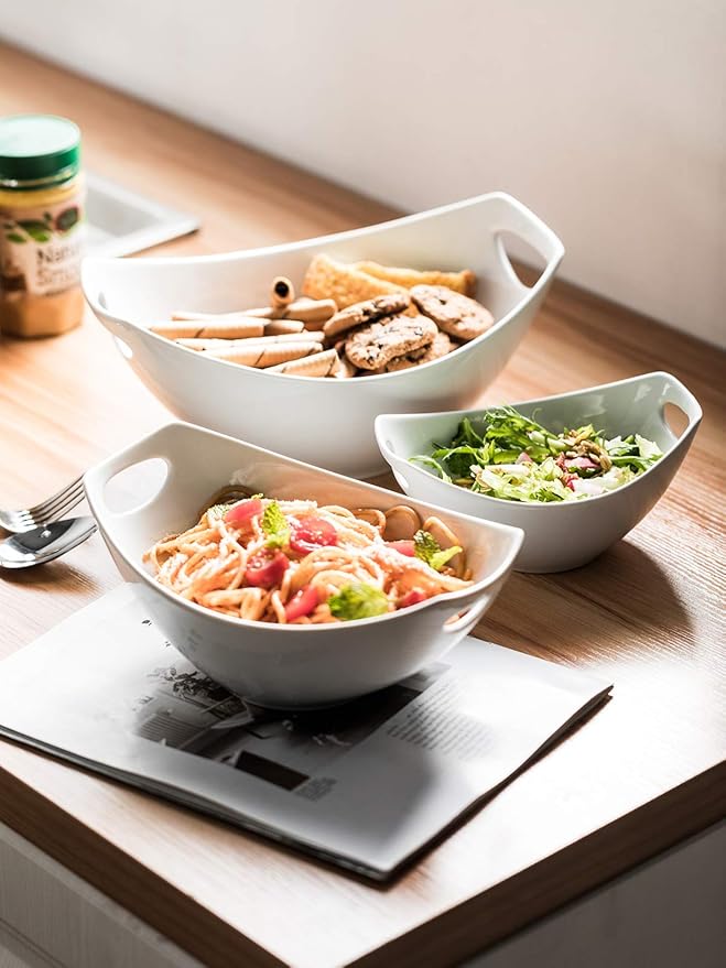 LAUCHUH Serving Bowls with Handles, Porcelain Serving Dishes White Nesting Bowls Mixing Bowl Set Salad Bowls for Entertaining, Party, Valentine's Day, Baby Shower, Set of 3, 15/28/49 oz