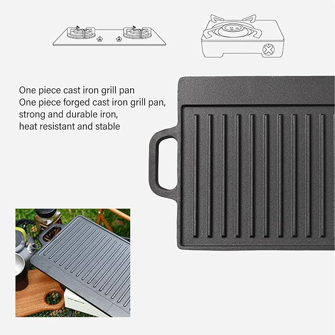 Cast Iron Griddle, Double Sided Reversible Griddle Grill, Griddle Plate for Indoor Outdoor Camping Gas Stove Induction Cooker (Large)