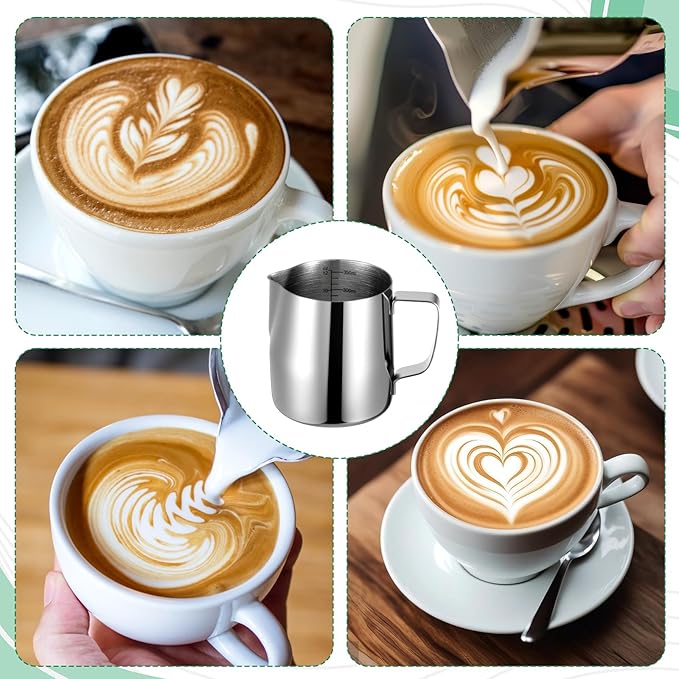 4 Pcs Milk Frothing Pitchers, 12 Oz 304 Stainless Steel Espresso Steaming Pitchers with Measuring Markers, Heat Resistant Rustproof Barista Pitcher Tools for Home, Coffee Shops (Silver)