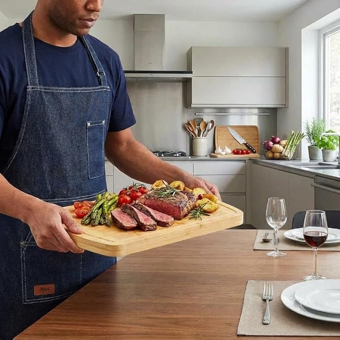 Bamboo Cutting Board, 16x10 in, 1 in Thick Wood Cheese Charcuterie Board with Deep Juice Groove & Built in Handle, Butcher Chopping Block for Kitchen