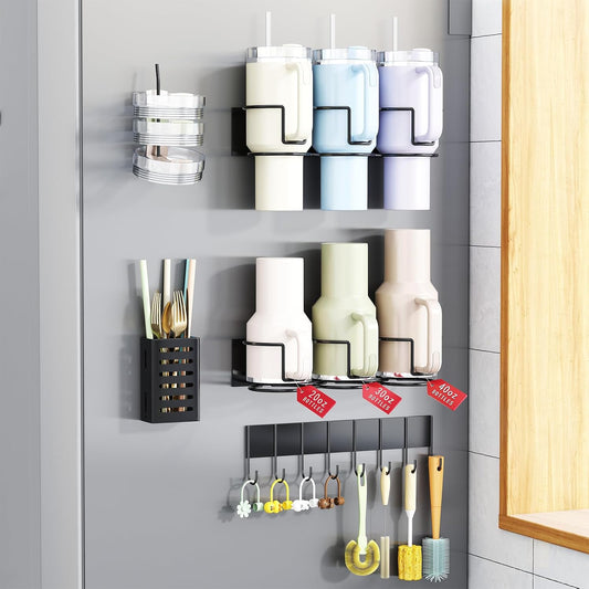 Magnetic Cup Holder for Fridge, Aufworld Tumbler Organizer with 8-Hook Rack, Fits 20/30/40 oz Stanley Cups, Accessory Storage with Lid & Straw Holder, Water Bottle Organizer for Kitchen Refrigerator