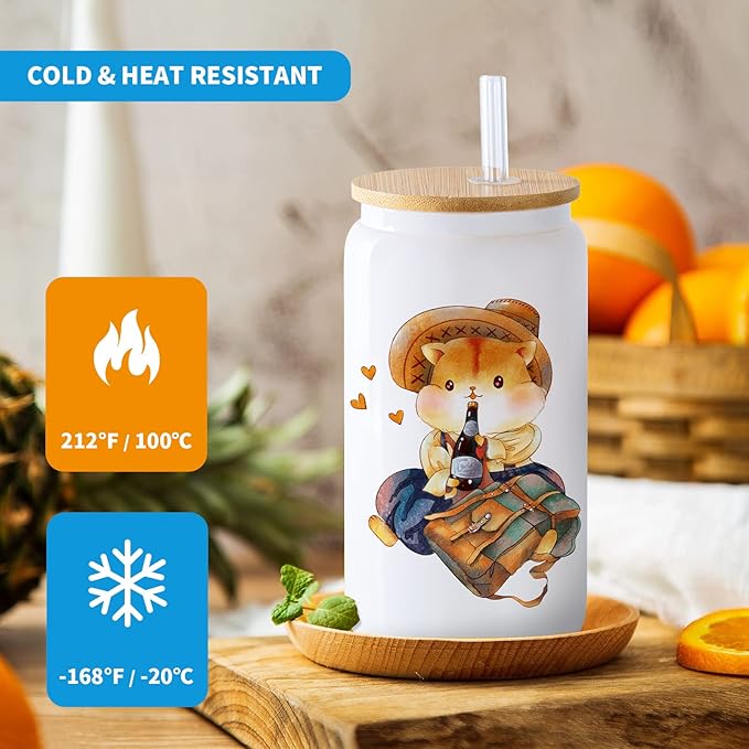 YOUKE OLA 20 Pack Sublimation Blank White Glass Cans Sublimation Beer Glass Cups with Bamboo Lids Borosilicate Glasses Tumbler Mason Jar Cups Mug with Straw for Beer, Juice, Drinks 16oz White
