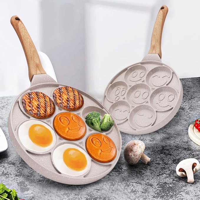 Smiley Face Pancake Pan - Nonstick 10 Inch Mini Pancake Maker with 7-Cup Mold, Silver Dollar Pancake Pan - White