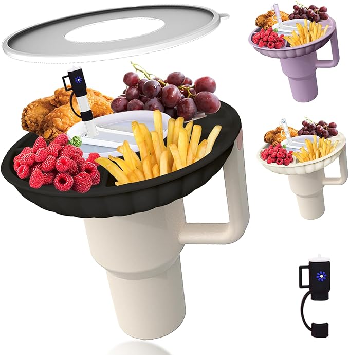 Stanley Snack Tray with Lid and Straw Covers Cap，Compatible with Stanley Cup 40 oz, Stanley Cup Accessories for Car Cup Holder, Home, Party,Outdoor，Silicone Snack Bowl Black