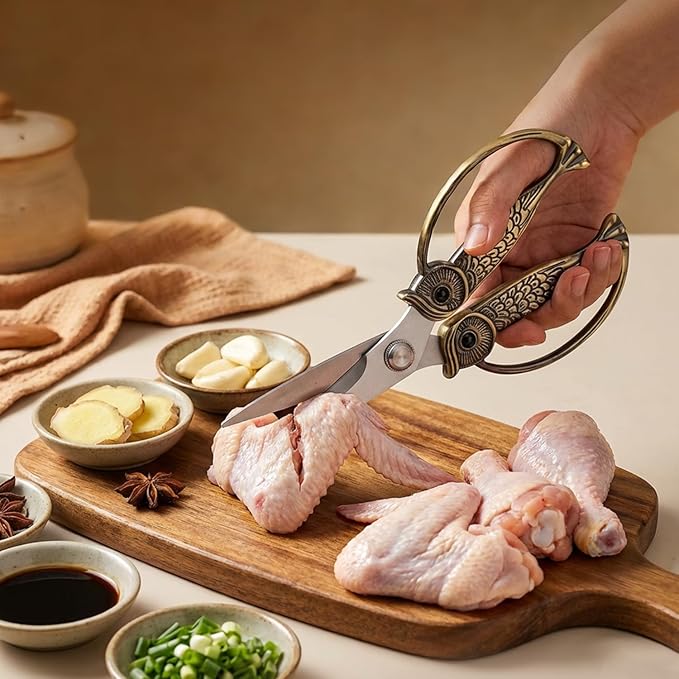 WARMHEART Owl Kitchen Scissors All Purpose, Stainless Steel Heavy Duty Sharp Shears for Meat, Chicken, Fish, Poultry, Herb, Bread (Pearl, Medium)