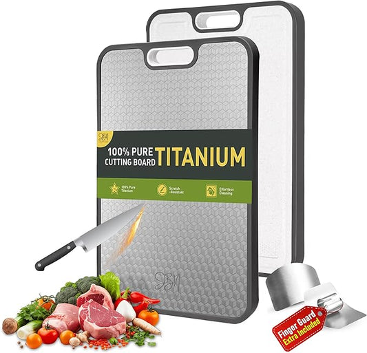Titanium Cutting Board for Kitchen - Dual Sided Large Cutting Board with Titanium Surface & Wheat Straw PP Back, Dishwasher Safe, Includes Stainless Steel Finger Guard, Christmas Gift for Women & Mom