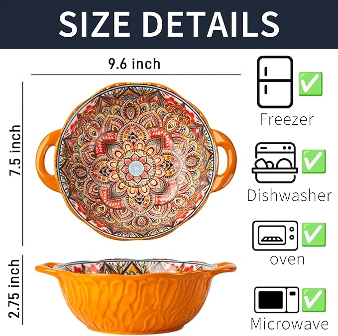 Bohemia Large Bowls with Handle, 40 oz Ceramic Soup Bowl for Salad, Pasta, Cereal,Fruit, Udon, Microwave & Dishwasher Safe (Orange)