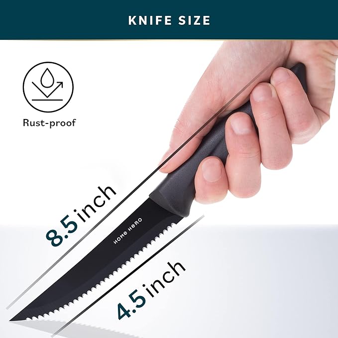 Home Hero Steak Knives Set of 12 - High-Carbon Stainless Steel Blades - Razor-Sharp Serrated Knives - Black Ergonomic Handles - 12 Pcs, Black